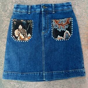 Stella McCartney Indigo Denim Floral
Jacquard Trim Studded Mini Skirt